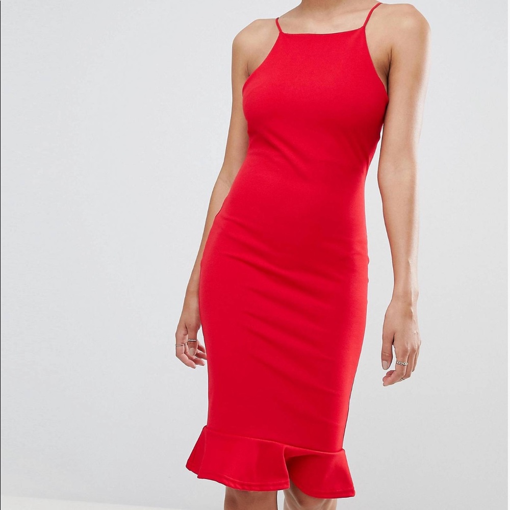 Red high neck midi dress